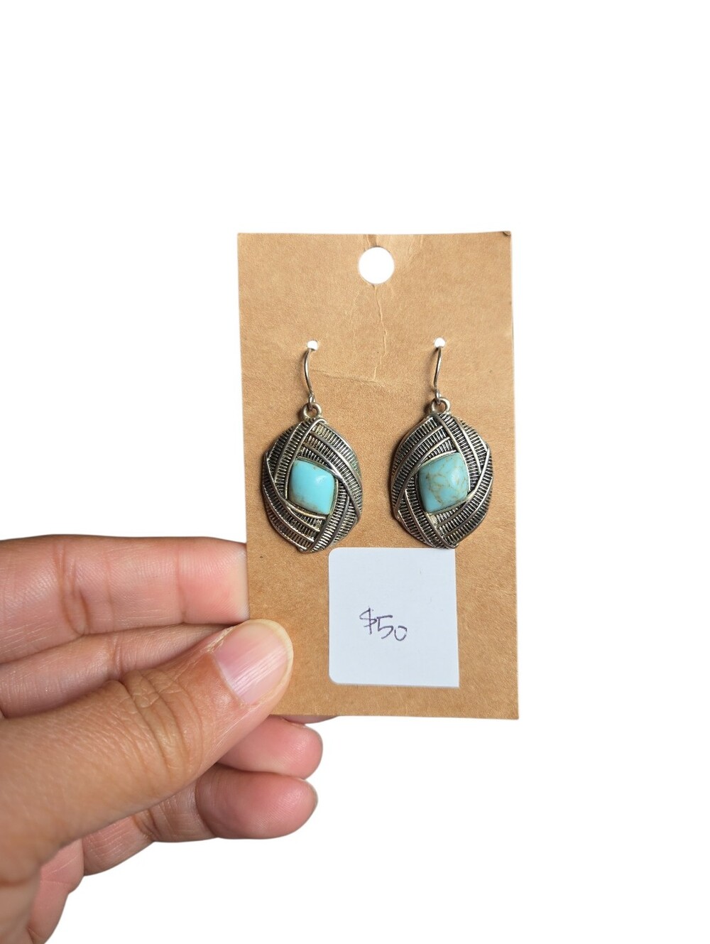 Turquoise Stone Silver-Tone Drop Earrings 1.5"